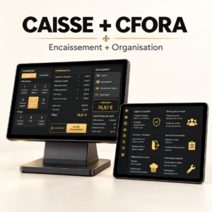 Caisse + CFORA : applications d’encaissement et d’organisation réunies sur fond crème lumineux.