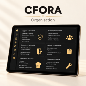 Application CFORA : tableau d’organisation du restaurant sur tablette, sur fond crème lumineux.