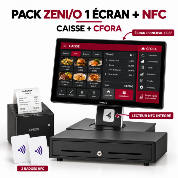 Pack ZENIO N97 1 écran + NFC + 2 badges + Imprimante + Tiroir-caisse + Caisse + CFORA