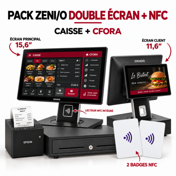 Pack ZENIO N97 double écran + NFC + 2 badges + Imprimante + Tiroir-caisse + Caisse + CFORA