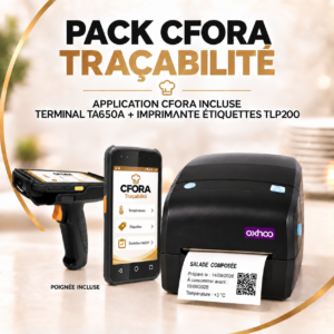 Pack CFORA Traçabilité avec terminal TA650A, poignée incluse, application CFORA sur les deux vues du terminal et imprimante TLP200.