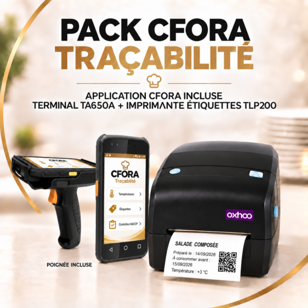 Pack CFORA Traçabilité avec terminal TA650A, poignée incluse, application CFORA sur les deux vues du terminal et imprimante TLP200.
