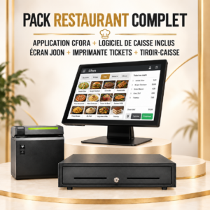 Pack Restaurant Complet : terminal JOON avec visuel de caisse, une imprimante tickets et tiroir-caisse, applications CFORA et Caisse incluses.