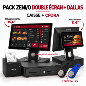 Pack ZENIO double écran avec lecteur Dallas et deux clés, imprimante Epson, tiroir-caisse, Caisse et CFORA