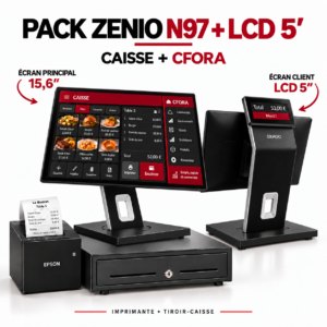 Pack ZENIO N97, vues avant et arrière avec écran client LCD 5 pouces en haut du support, imprimante Epson, tiroir-caisse, Caisse et CFORA.